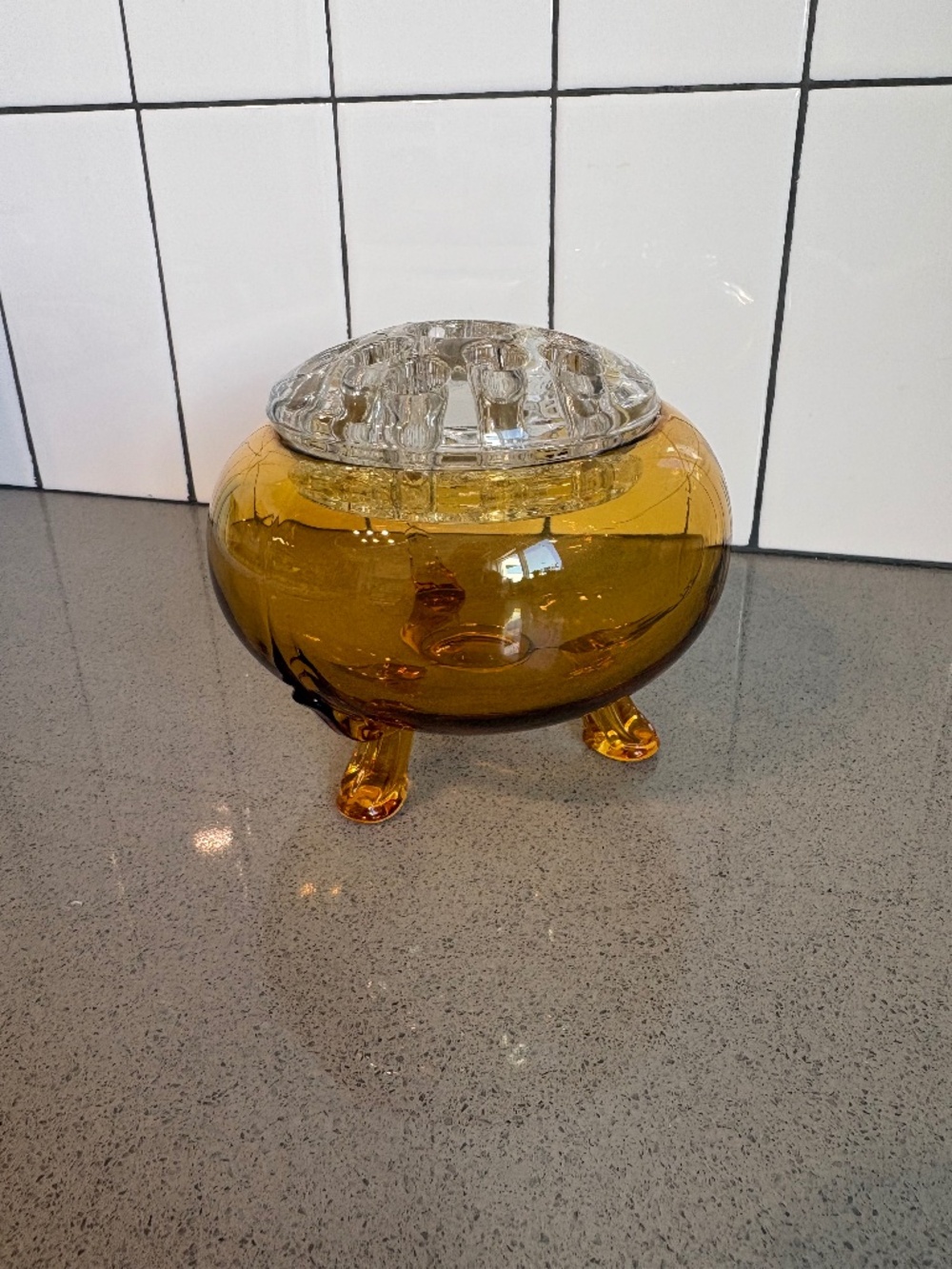 Viking MCM “Flowerlite” flower bowl with frog - with feet - amber color